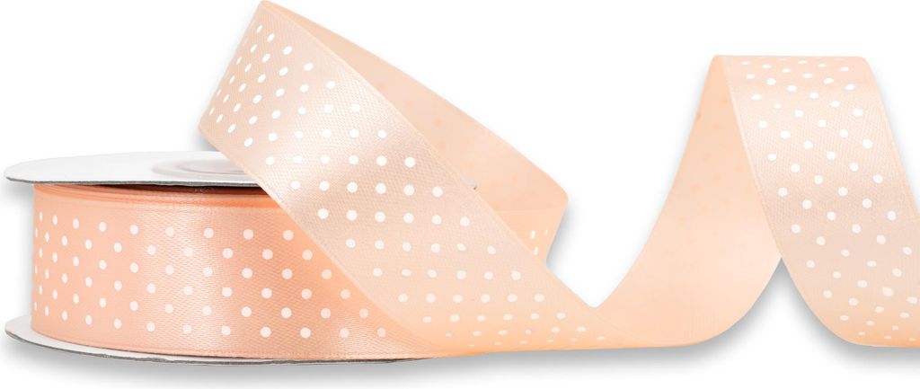 Satinband mit Punkten 25mm x 25m Rolle Apricot / Weiß
