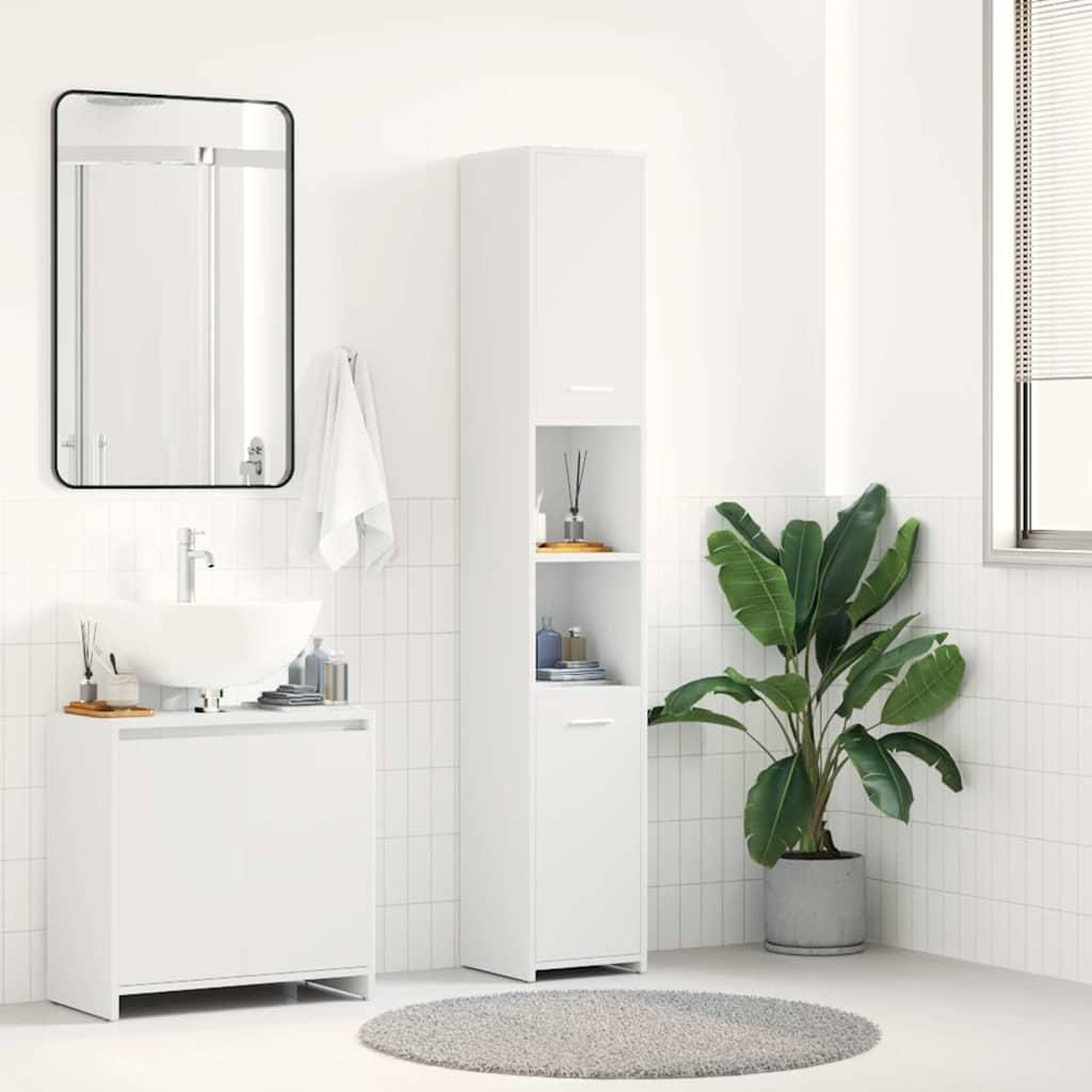 A clean, modern bathroom scene featuring a white vanity with a sink, a tall white storage cabinet, and a large potted plant.