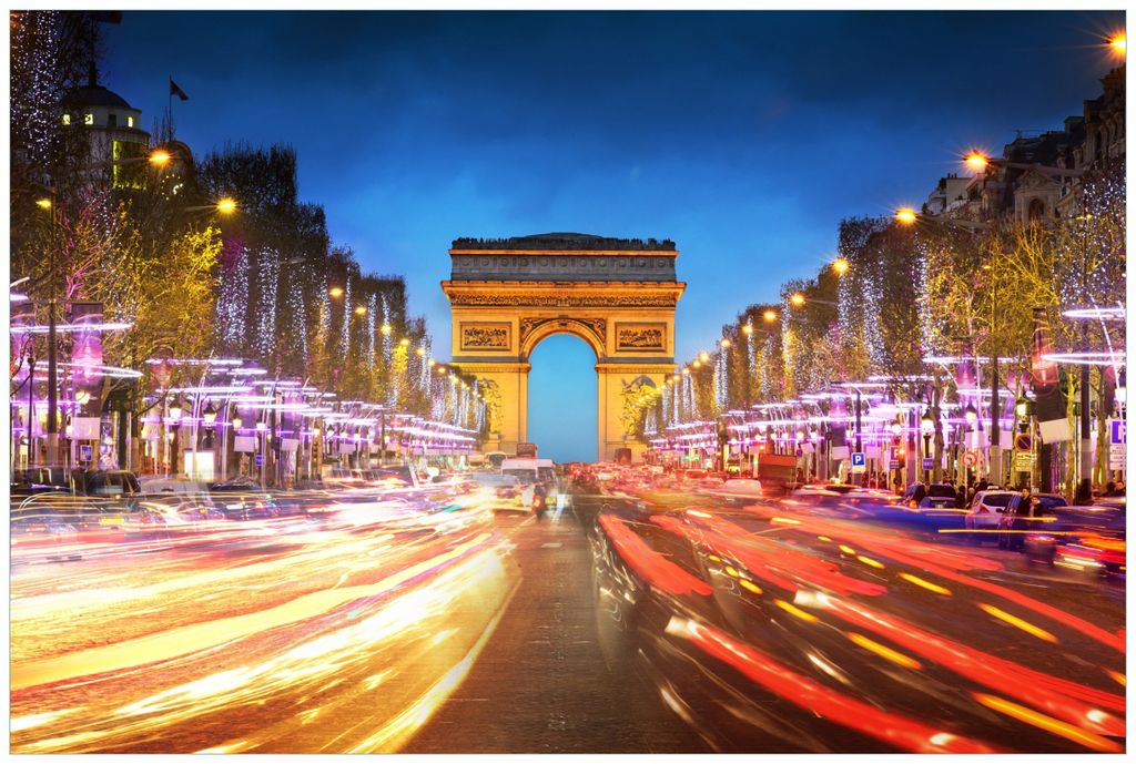 Wallario Wandbild aus Acryl, 90 x 60 cm, freischwebende Optik - Arc de triomphe in Paris bei Nacht