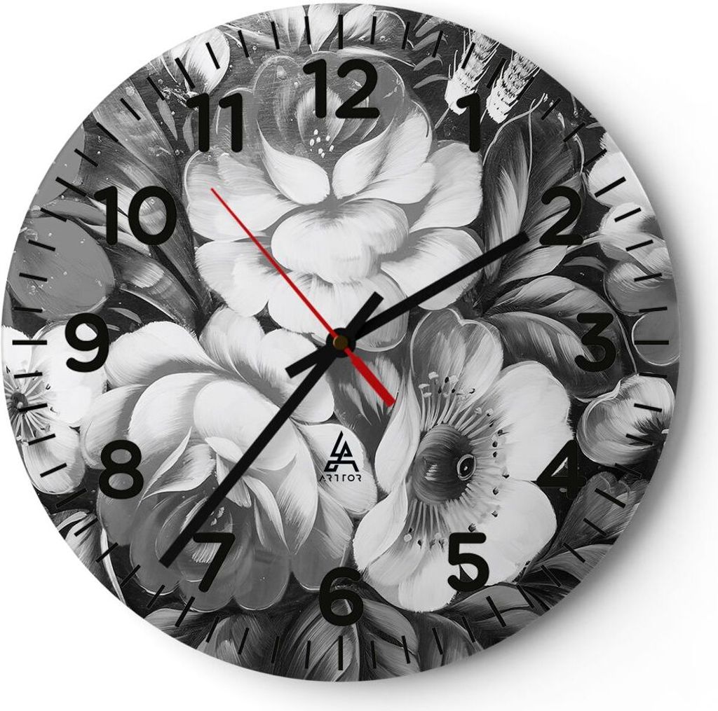 Wanduhr - Rund - Glasuhr - Blume Blumenstrauß Blatt - 30x30cm - Schleichendes Uhrwerk - Lautlos - zum Aufhängen bereit - Dekoration Modern - Wand...