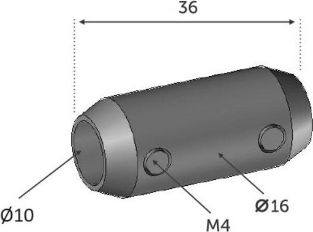 Verbindungsstück für Vollrundstangen Ø10 mm – Länge 36 mm, Außendurchmesser 16 mm – Edelstahl 316