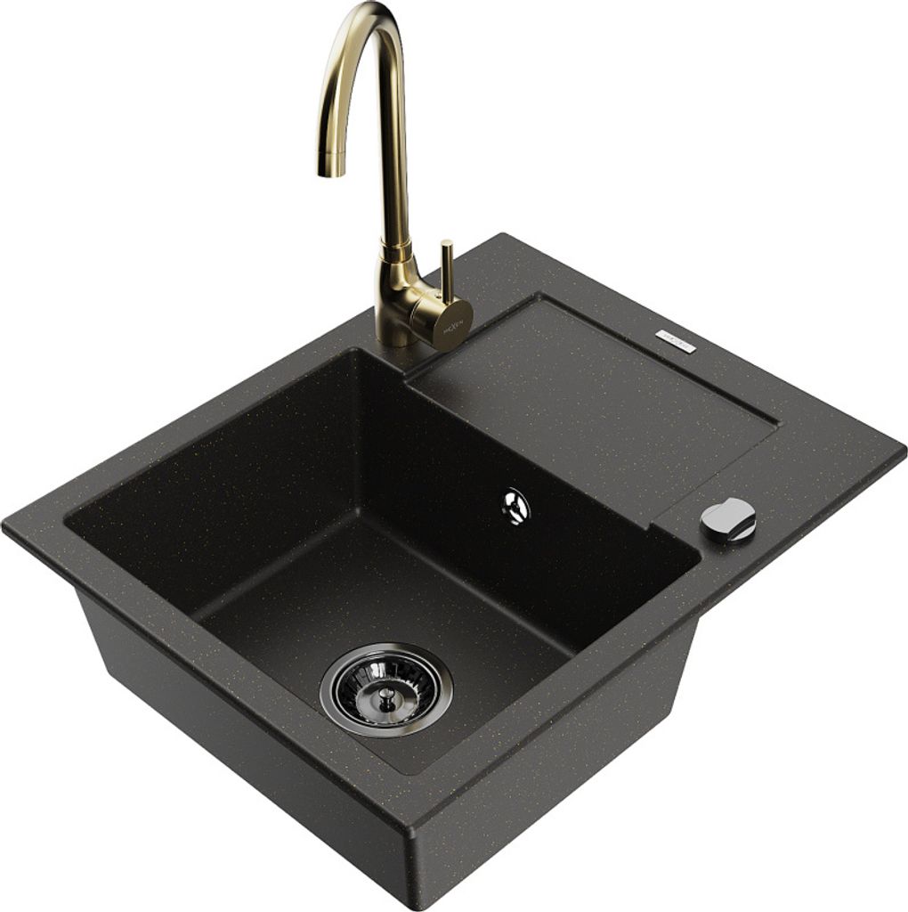 Mexen Enzo 1 Becken-Granitspüle mit Abtropffläche und Mischbatterie Telma, Schwarz/Gold - 6506-75-670200-50-B