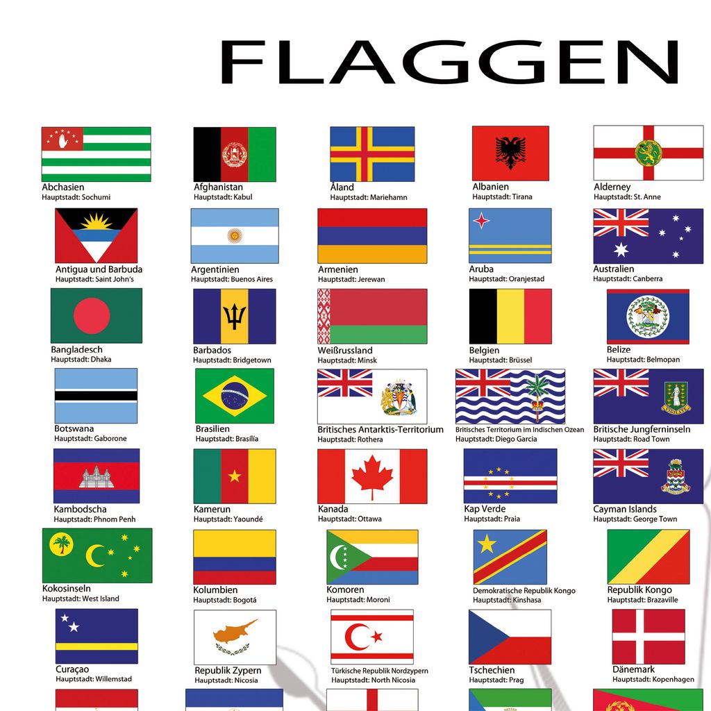 A collage of various national flags with their respective country names and capitals listed below them.