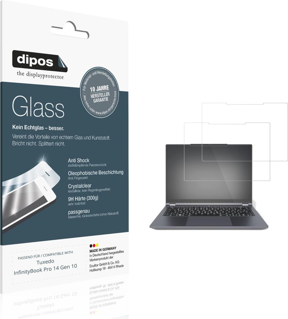 2x Schutzfolie für Tuxedo InfinityBook Pro 14 Gen 10 - Anti-Shock 9H Folie dipos Glass Kunststoffglas