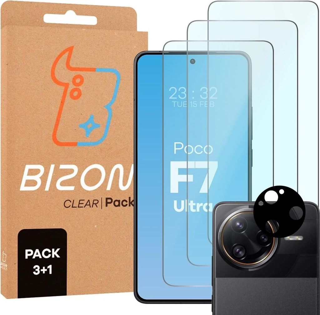 Bizon Clear 2 Pack 3x gehärtetes Glas + 1x Linsenschutz für Xiaomi Poco F7 Ultra