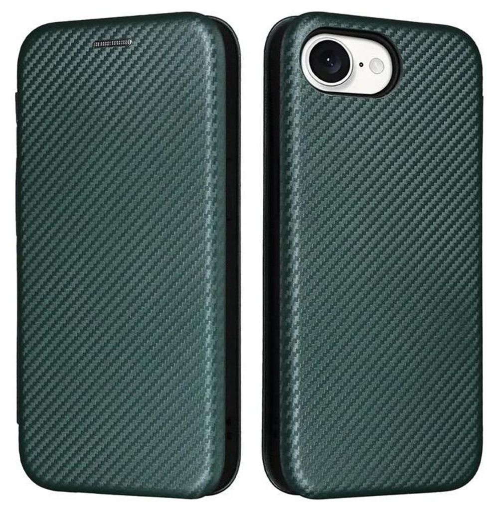 Hülle für Apple iPhone 17e/16e - Phonesta Carbon Fiber Skin Book Wallet Klapphülle - Dunkelgrün