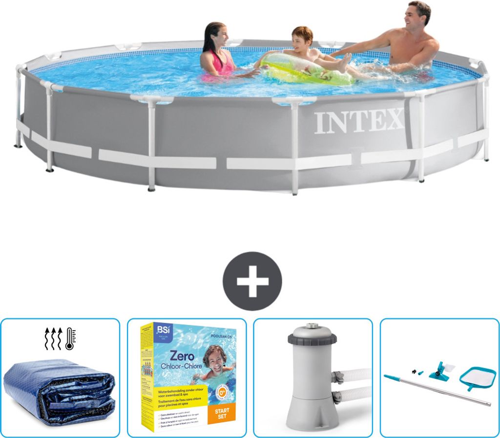 Intex Pool mit rundem Prismenrahmen – 366 x 76 cm – Grau – im Lieferumfang enthalten Sonnensegel - Wartungspaket - Filterpumpe für Schwimmba...