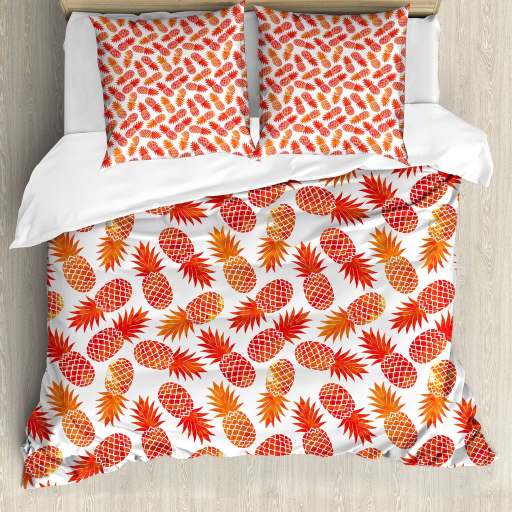 ABAKUHAUS Orange Bettbezug, Vintage Tropische Exotic, Milbensicher Allergiker geeignet mit Kissenbezügen, 200 cm x 200 cm - 80 x 80 cm, Orange Weiss
