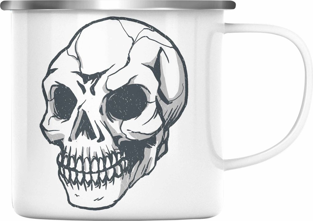 Trendation - Totenkopf Emaille Tasse Frauen Geschenk Tattoo Tattoowierte Frau Geschenk Goth Metal (Silber)