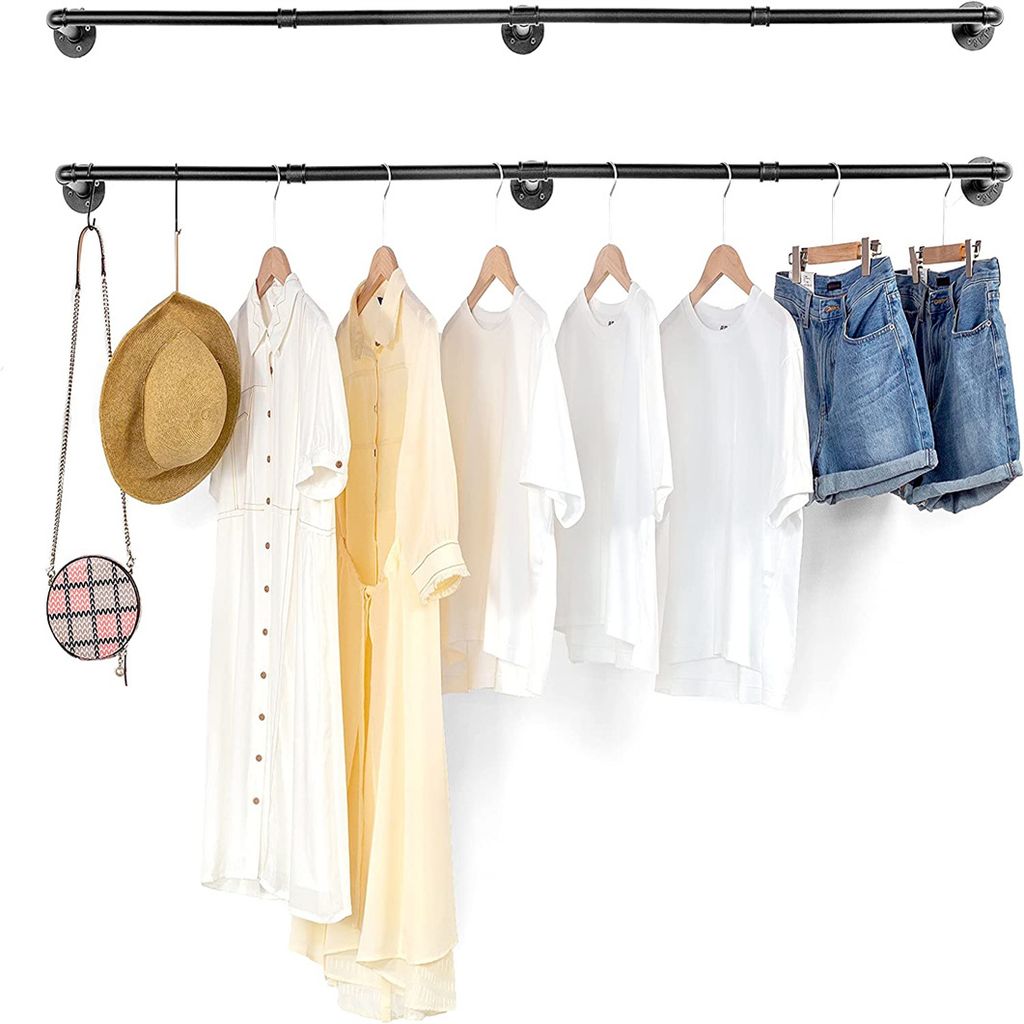 WISFOR 2er Set Kleiderständer für die Wand, Kleiderstange Garderobenstange im Industrie-Design, 3 Stufen verstellbar, Wandmontage, schwarz