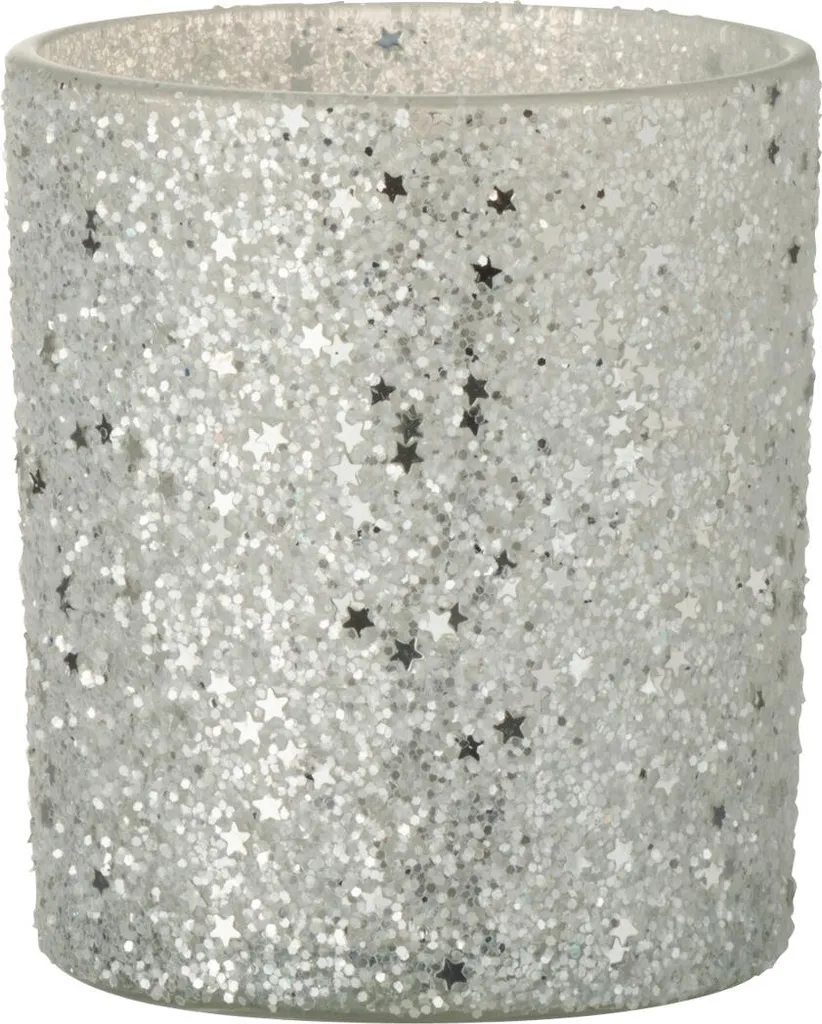 Porte-bougie J-Line Argenté en Verre avec Motifs Étoiles Ø 9 cm