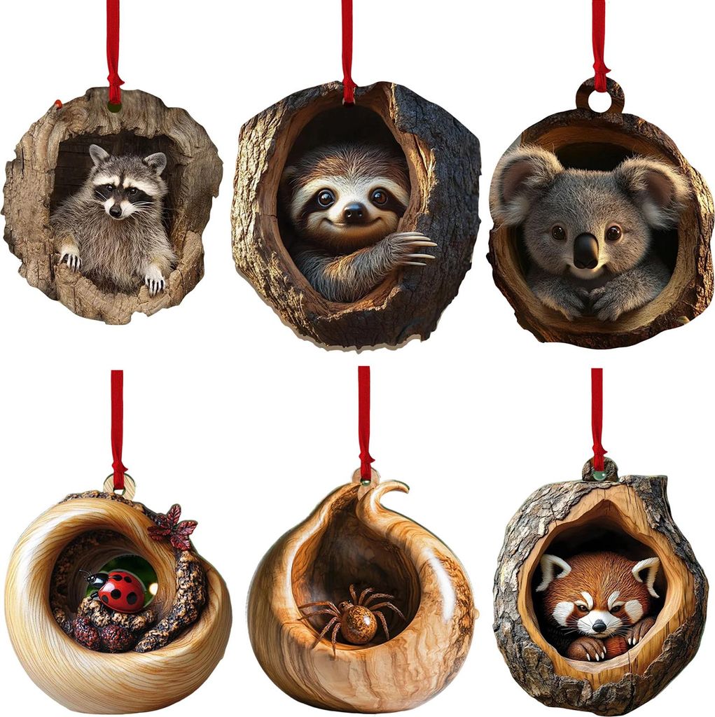 6er-Set Tier-Weihnachtsbaumschmuck, Waldtier-Hängedekoration, niedliche 2D-Tierfiguren aus Acryl für Weihnachtsbaum und festliche Partydekoration