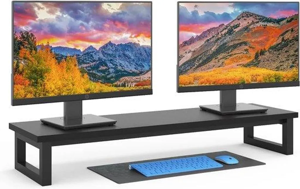 Rehausseur de moniteur double en bois avec étagère pivotante ajustable