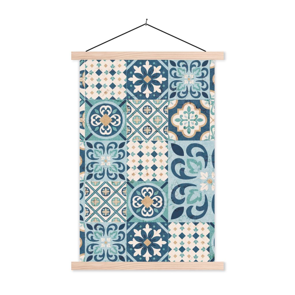 MuchoWow Textilposter Blumen - Blau - Design - Fliese 120x180 cm mit holzfarbenen Rahmen - Textil-Plakat