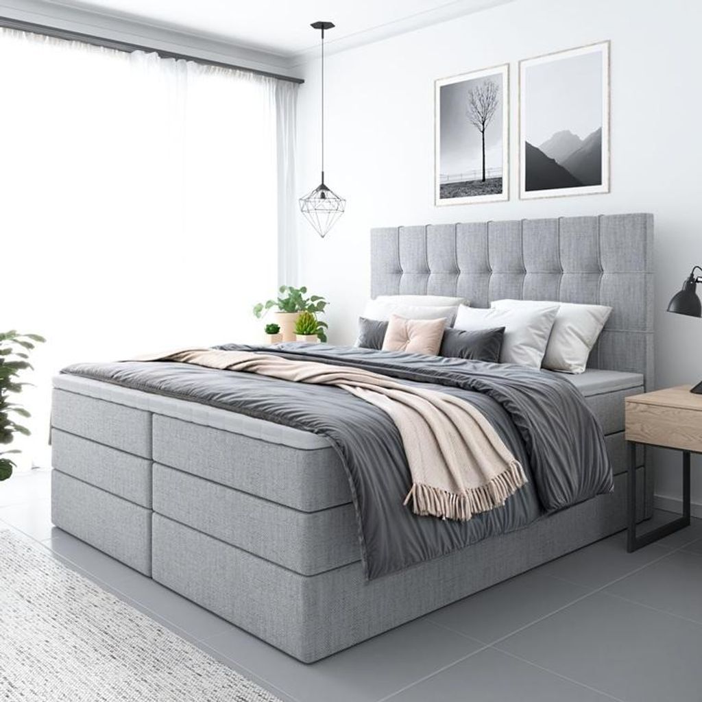 Bett, Boxspringbett FARO PLUS mit 2-Matrazen und Topper T25, Doppelbett, Schlafzimmer, Polsterbett, 160x200 cm(Hellgrau - AURA 15)