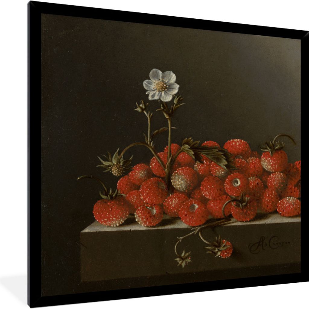 MuchoWow Gerahmtes Poster Stillleben mit Walderdbeeren - Gemälde von Adriaen Coorte 40x40 cm - Poster mit Schwarzem Bilderrahmen Wandposter Rahm...