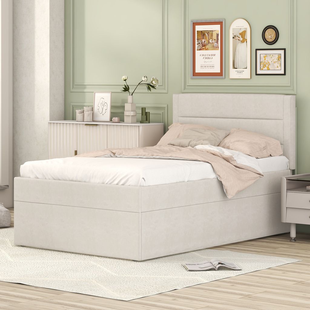 okwish Polsterbett, Einzelbett mit Metallrahmen, Lattenrost, großer Stauraum, Beige, 200x90 cm.