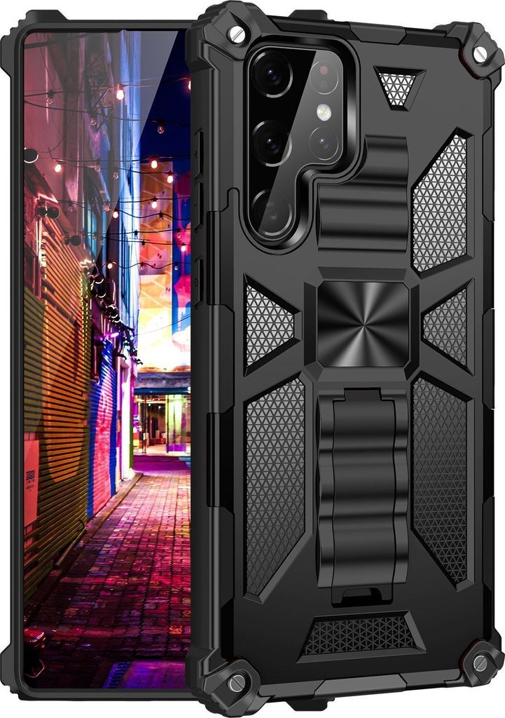 Mobigear Armor Stand Samsung Galaxy S22 Ultra Hülle Hardcase Backcover Stoßfest mit Ständer - Schwarz