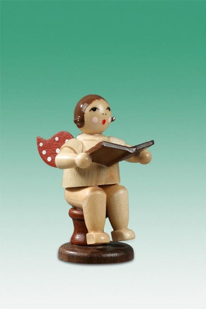 Holzfigur Musikantenengel mit Gesangbuch sitzend mit Krone natur Höhe 6,5cm NEU