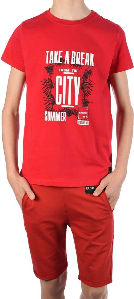 BEZLIT Jungen Sommer Set T-Shirt Take a break und Stoff Shorts Rot / Rot 104/110