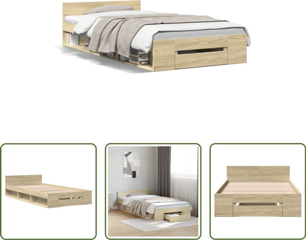 The Living Store Bettgestell mit Schublade Sonoma-Eiche 75x190 cm Holzwerkstoff