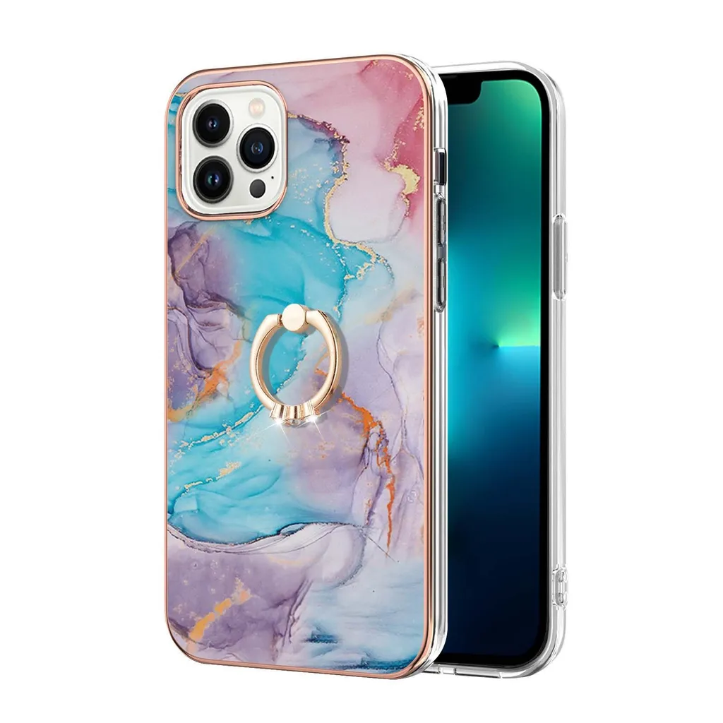 Custodia per iPhone 14 Pro, custodia protettiva in silicone TPU a fantasia con supporto ad anello blu - 2