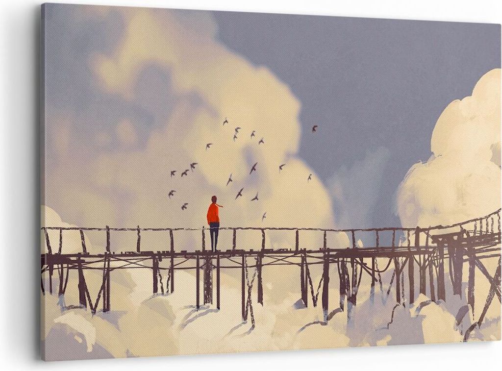 Bild auf Leinwand - Leinwandbild - Wolken Brücke Vögel Landschaft - 120x80cm - Wand Bild - Wanddeko - Leinwanddruck - Bilder - Kunstdruck - Wandd...