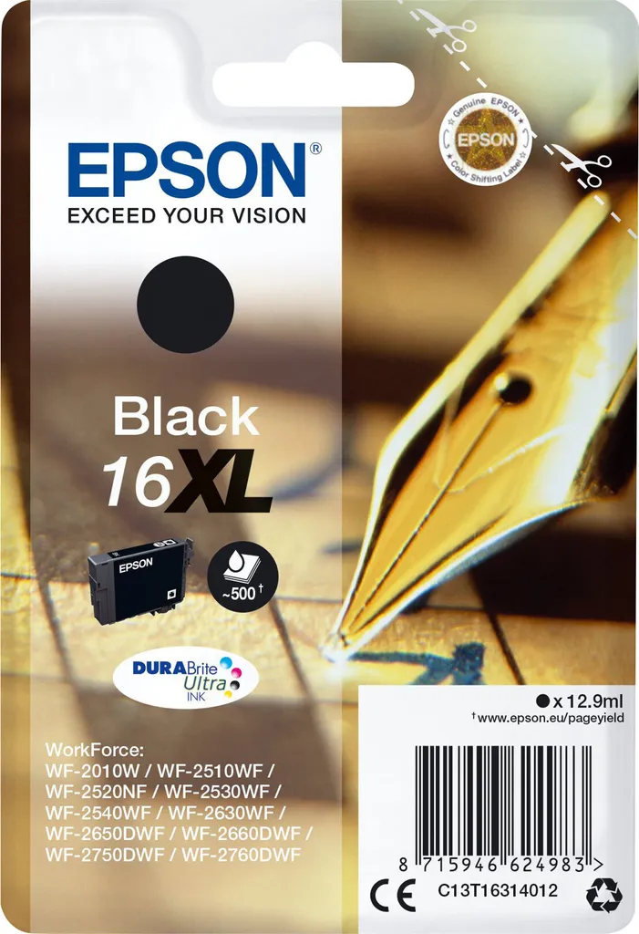 Cartouche Encre Epson 16XL Noir d'Origine de 12,9 ml Série Stylo