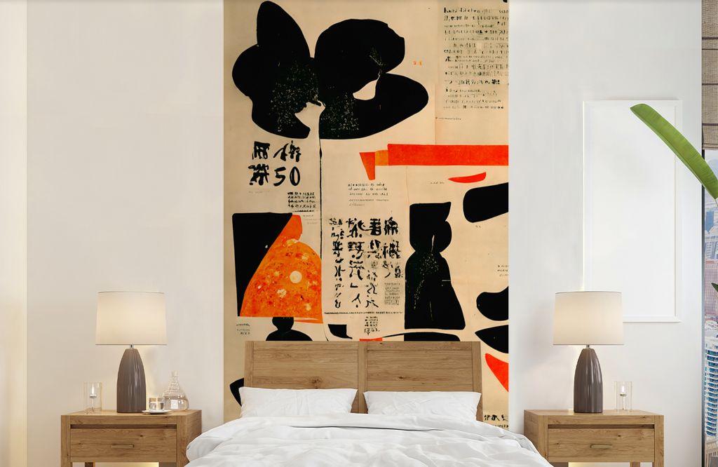 MuchoWow Fototapete für Wohnzimmer oder Schlafzimmer Wandtapete Vinyl Motivtapete Vintage - Rot - Schwarz - Vintage - Japanisch - 120x240 cm - H...