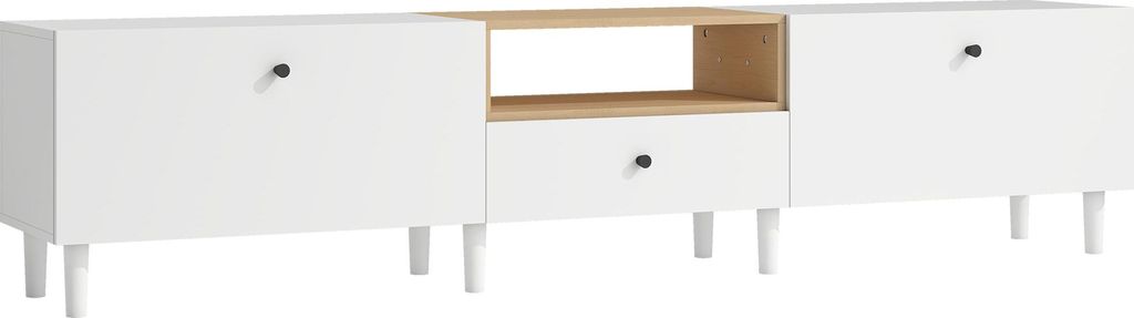 200 cm TV-Kommode für Fernseher bis zu 90 Zoll, 2 Klappenfächer, offenes Fach, Schublade, 8 Beine, Spanplatte, Weiß