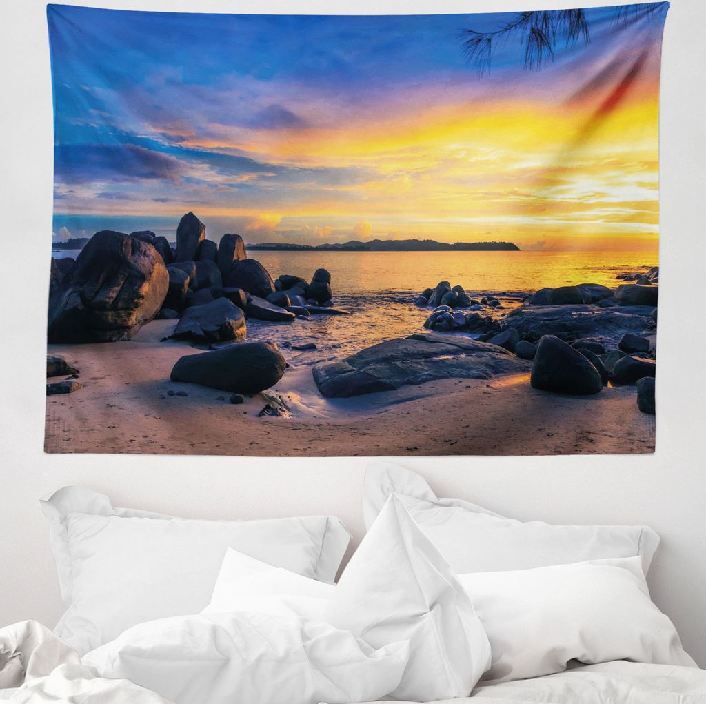 ABAKUHAUS Tropisch Wandteppich, Horizon Sky Beach View aus Weiches Mikrofaser Stoff Waschbar ohne Verblassen Digitaldruck, 150 x 110 cm, Königsbla...