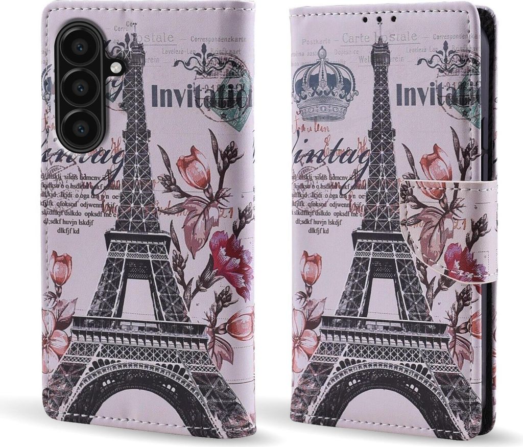 Handy Hülle für Samsung Galaxy A17 / A17 5G Klapphülle Bookcase Flip Cover Handy Tasche Etui Motiv: Eiffelturm Paris Blumen