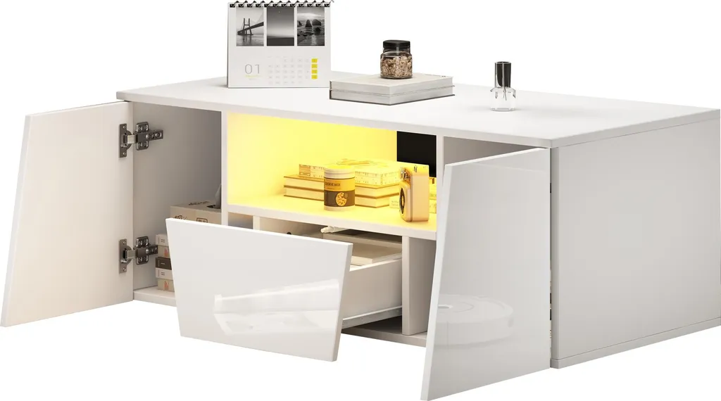 Table à café moderne LED pour salon blanc avec rangements intégrés - 11