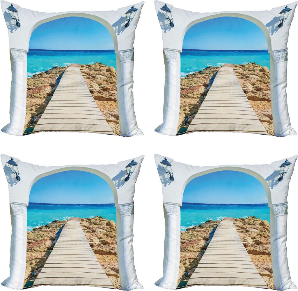 ABAKUHAUS Küsten Kissenbezug Set (4 Stück), Meer mit einem Quay , Moderner Doppelseitiger Digitaldruck, 40 cm x 40 cm, Aqua Creme Blau