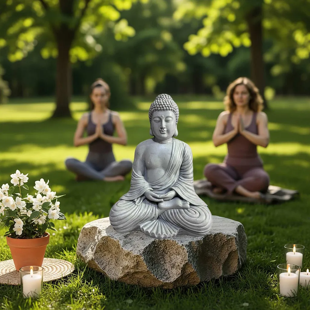 Statue de Bouddha 42 cm effet pierre naturelle résistante intempéries - 2
