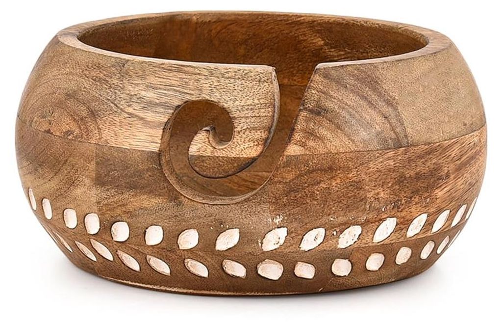 Garnschale aus Mangoholz mit weißem Blatt-Design, dekorative Häkel- und Strickschale mit Lockenschlitz, 17,8 x 17,8 x 10,2 cm