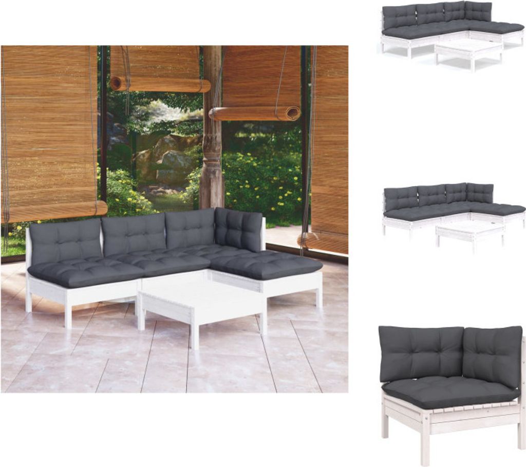 vidaXL 5-tlg. Garten-Lounge-Set mit Kissen Weiß Kiefernholz - Gartenmöbel-Sets