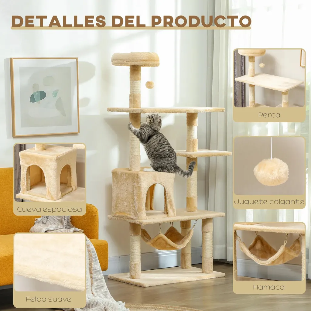 Arbre à chat en bois E1 et peluche beige - Tour 152 cm avec grotte & hamac - 6