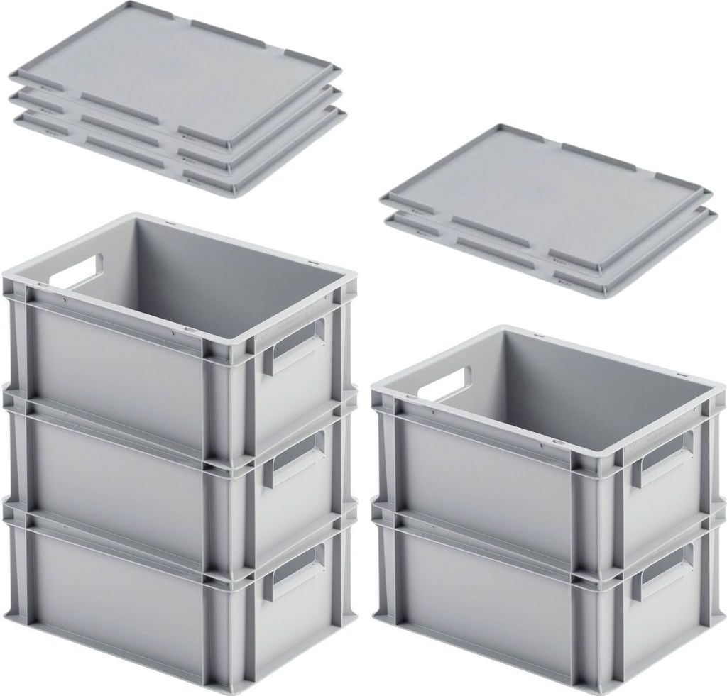 SuperSparSet 5x Eurobehälter mit offenem Griff & Auflagedeckel | HxBxT 17,5x30x40cm | 16 Liter | Grau | Eurobox, Transportbox, Transportbehälter,...