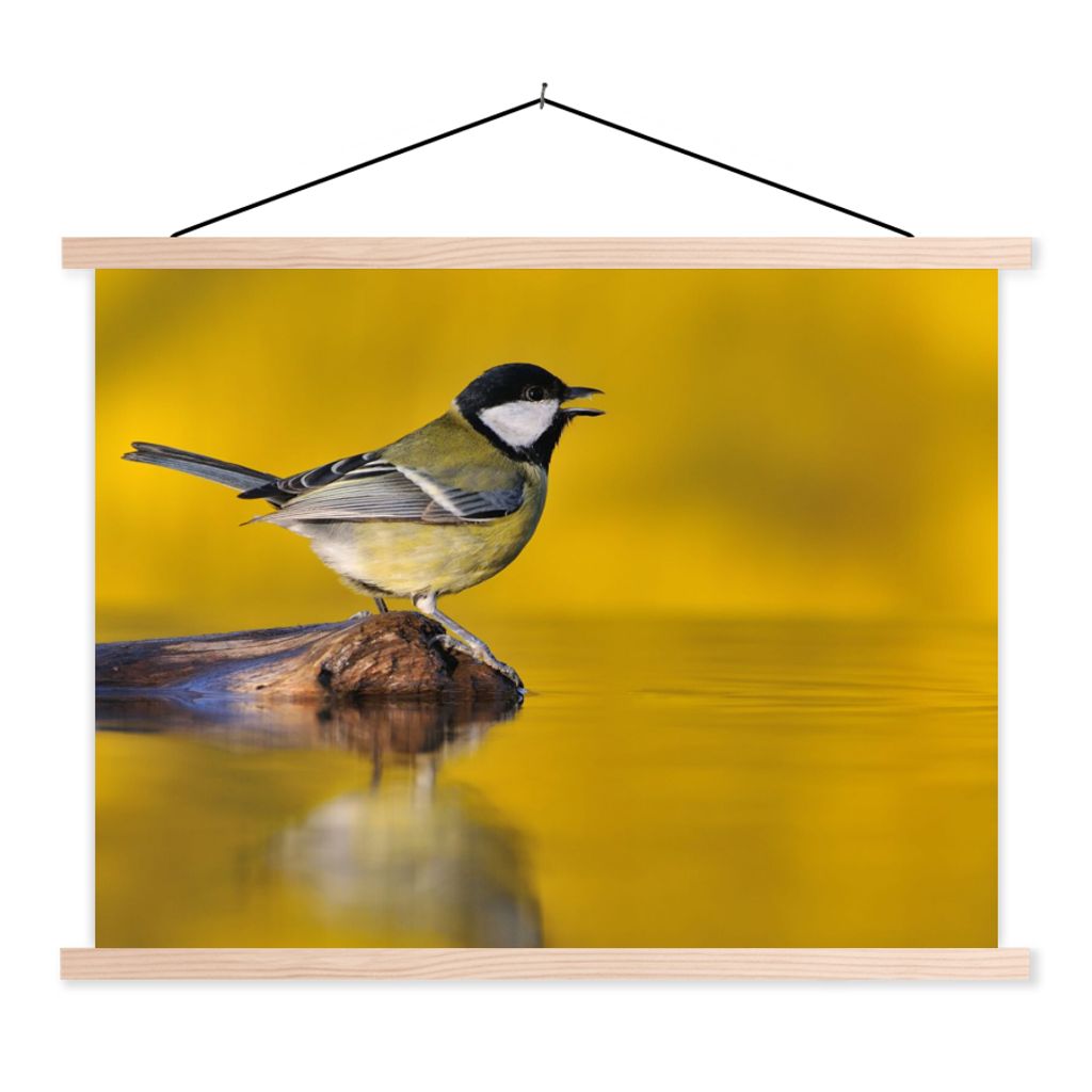 MuchoWow Textilposter Kohlmeise - Vogel - Wasser 60x45 cm mit holzfarbenen Rahmen - Bild