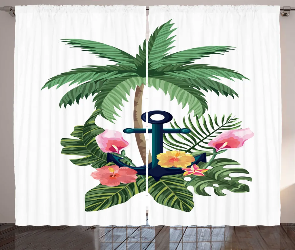 Rideau motif Hibiscus Exotique et Tattoo Vintage vert paon 280x225 cm