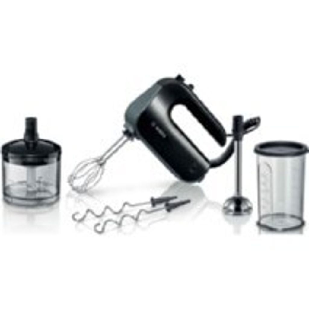 A Bosch hand mixer with various accessories is displayed against a white background.