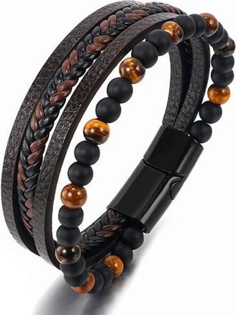 Bracciale Uomo Pelle Multistrato Marrone 21cm | Effetto Cuoio e Perline