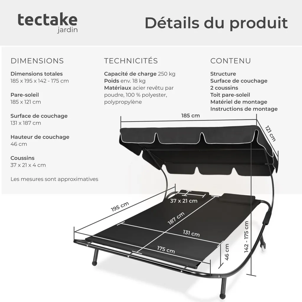 Transat 2 places noir robuste en textilène avec structure métal renforcée - 6