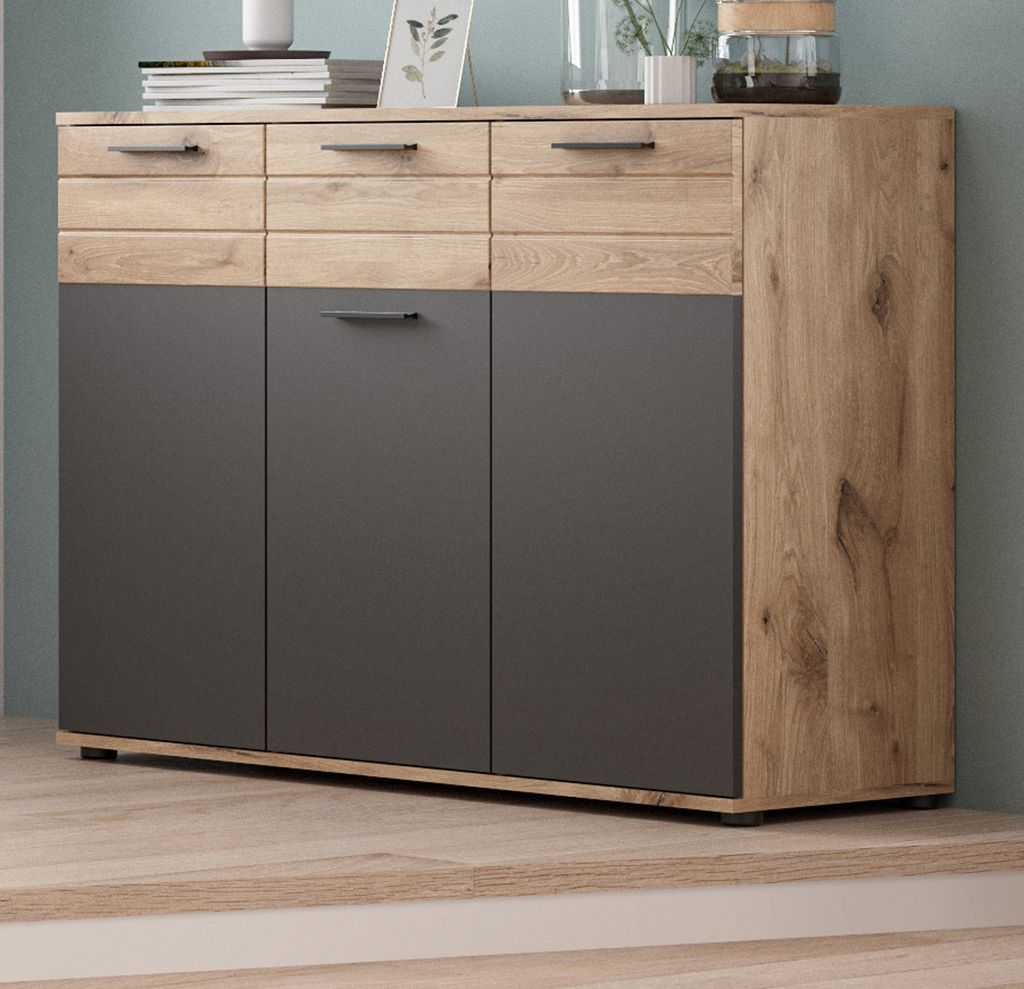 Sideboard "Tomaso" Eiche und grau Wohn- und Esszimmer Kommode 180 cm mit Soft-Close