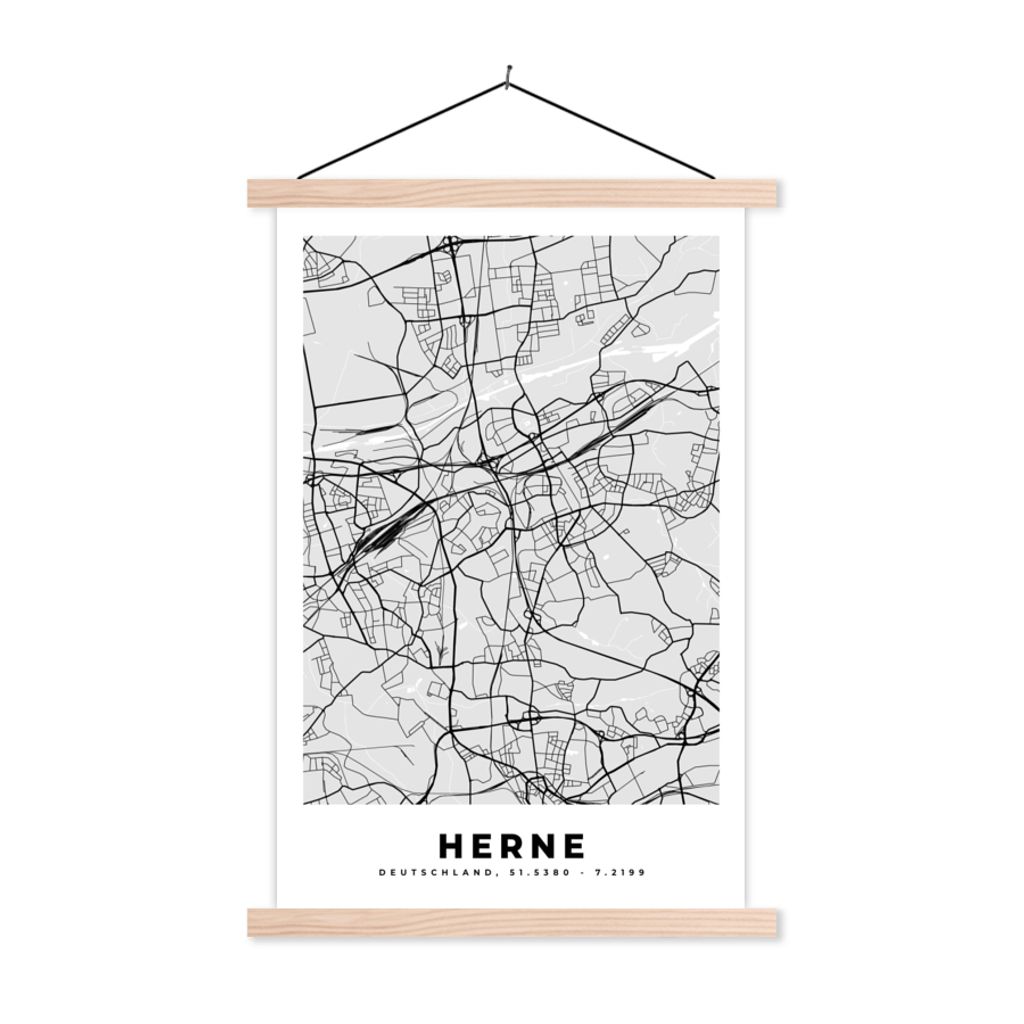 MuchoWow Textilposter Herne - Karte - Stadtplan - Deutschland - Karte 40x60 cm mit holzfarbenen Rahmen - Poster