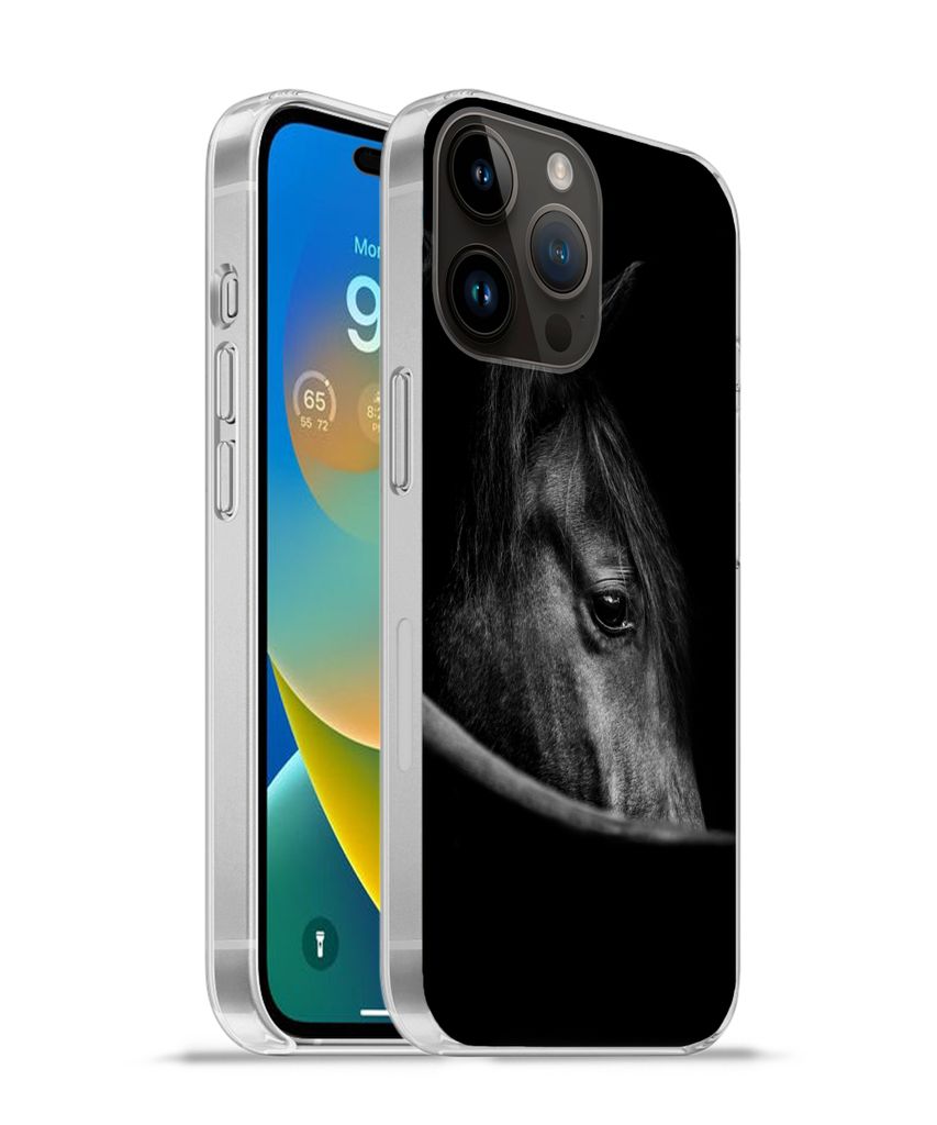 MuchoWow Handyhülle Schutzhülle Hülle für Apple iPhone 14 Pro Max Pferde - Porträt - Schwarz - Tiere Silikon Softcase Handy Hülle - Hardcover