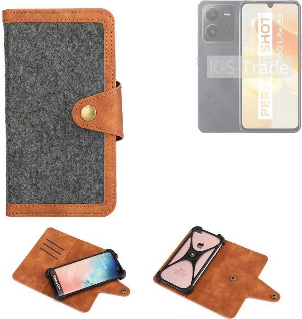 K-S-Trade Schutzhülle Handyhülle kompatibel mit Vivo X80 Lite Filz Hülle Kunst-Leder dunkelgrau braun (1x)
