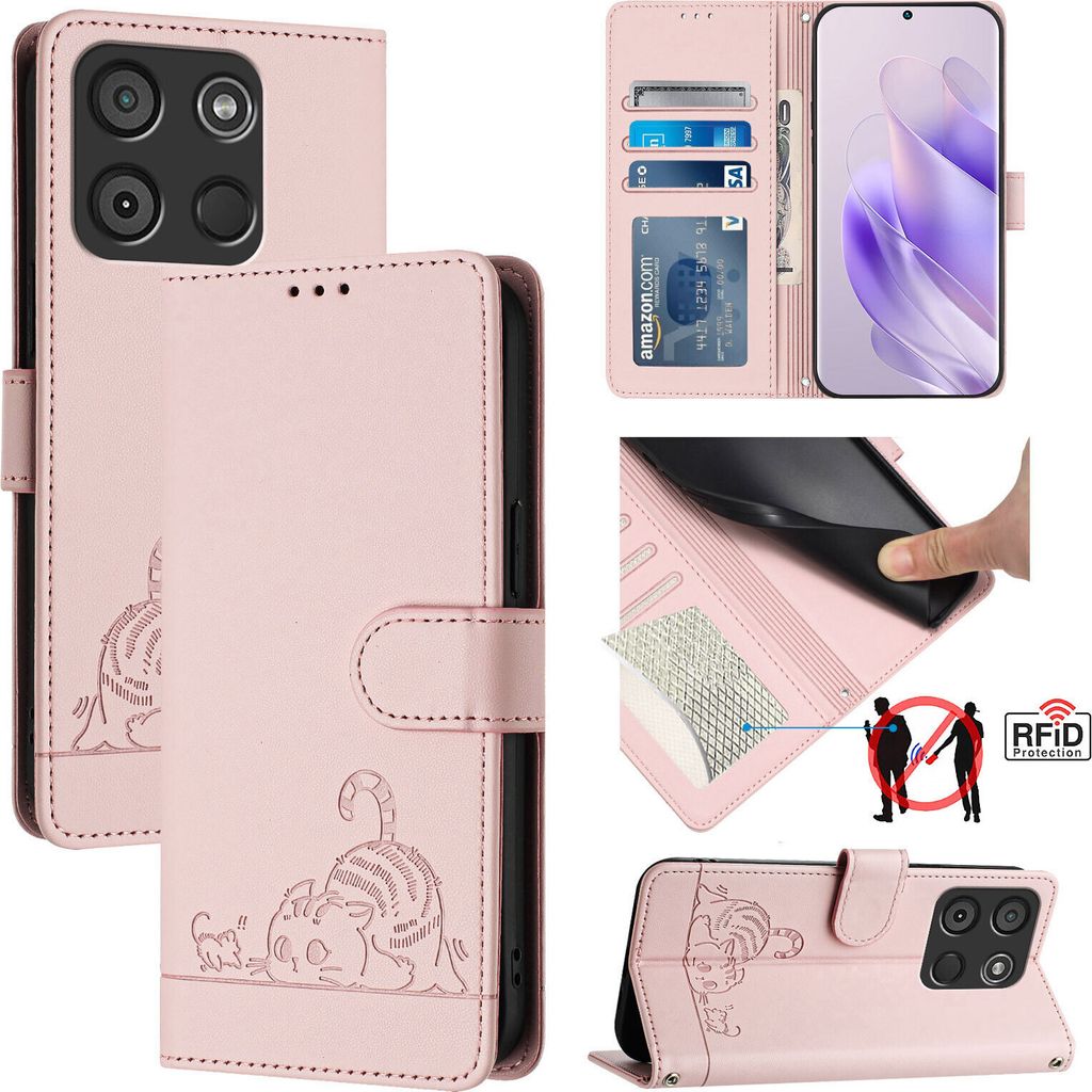 Leder Hülle für itel A60 / A60S Süße Katze Flip Case Brieftasche Schutzhülle mit Standfunktion Pink