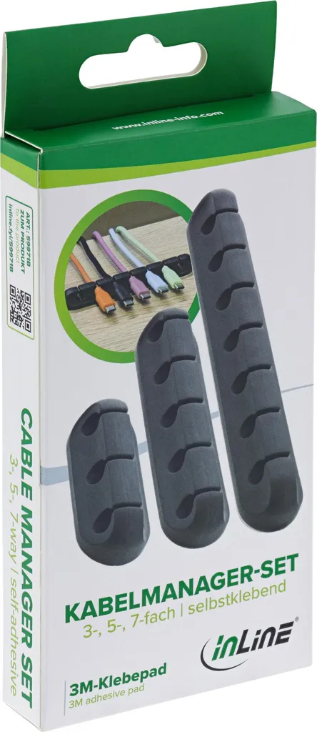 Gestionnaire de Câbles Autocollant Flexible InLine Noir Multi-Slots 3x